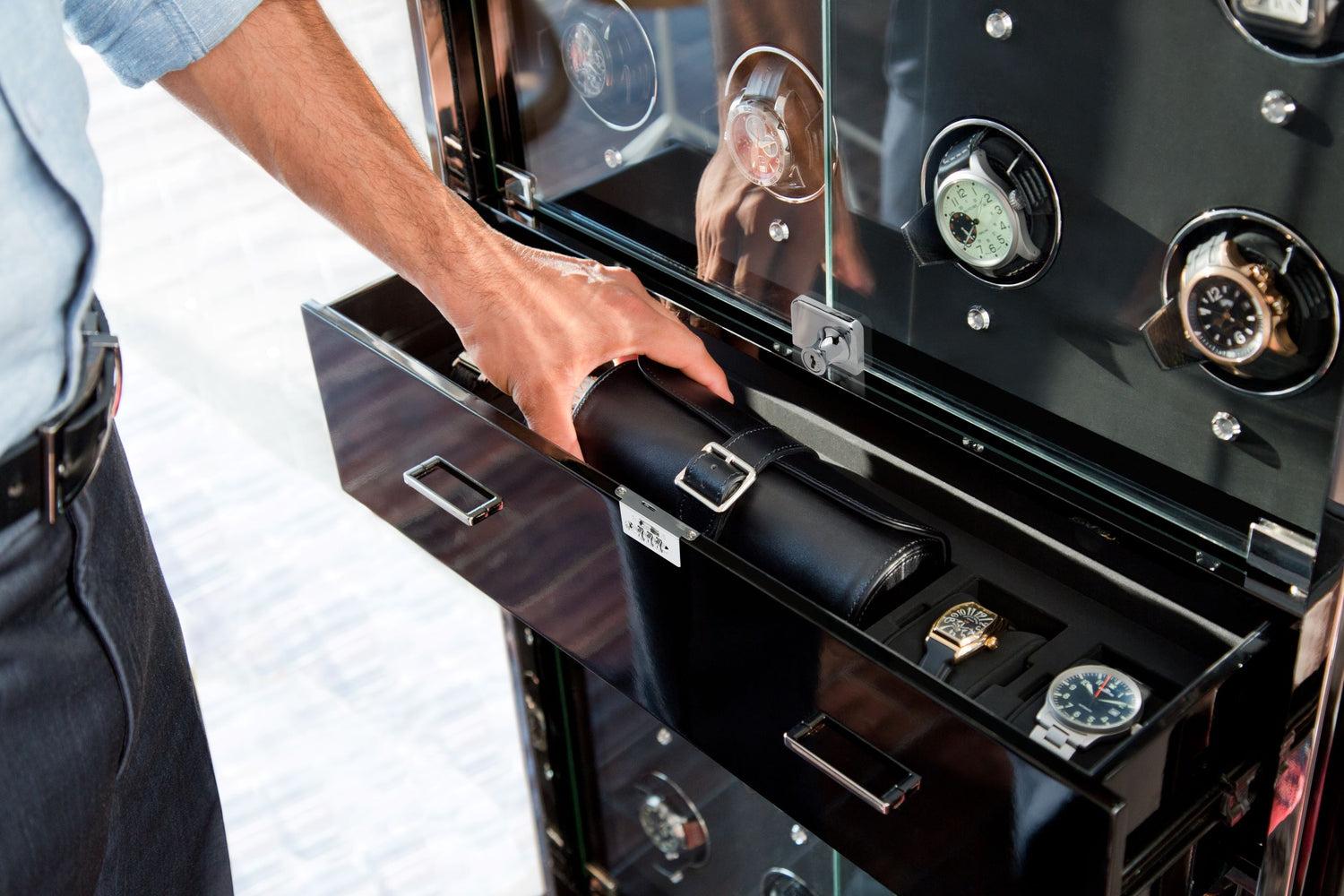  the Regent watch cabinets are immaculately handcrafted in wood, glass and integrated with WOLF’s app to give you complete control of up to 24 watches. 