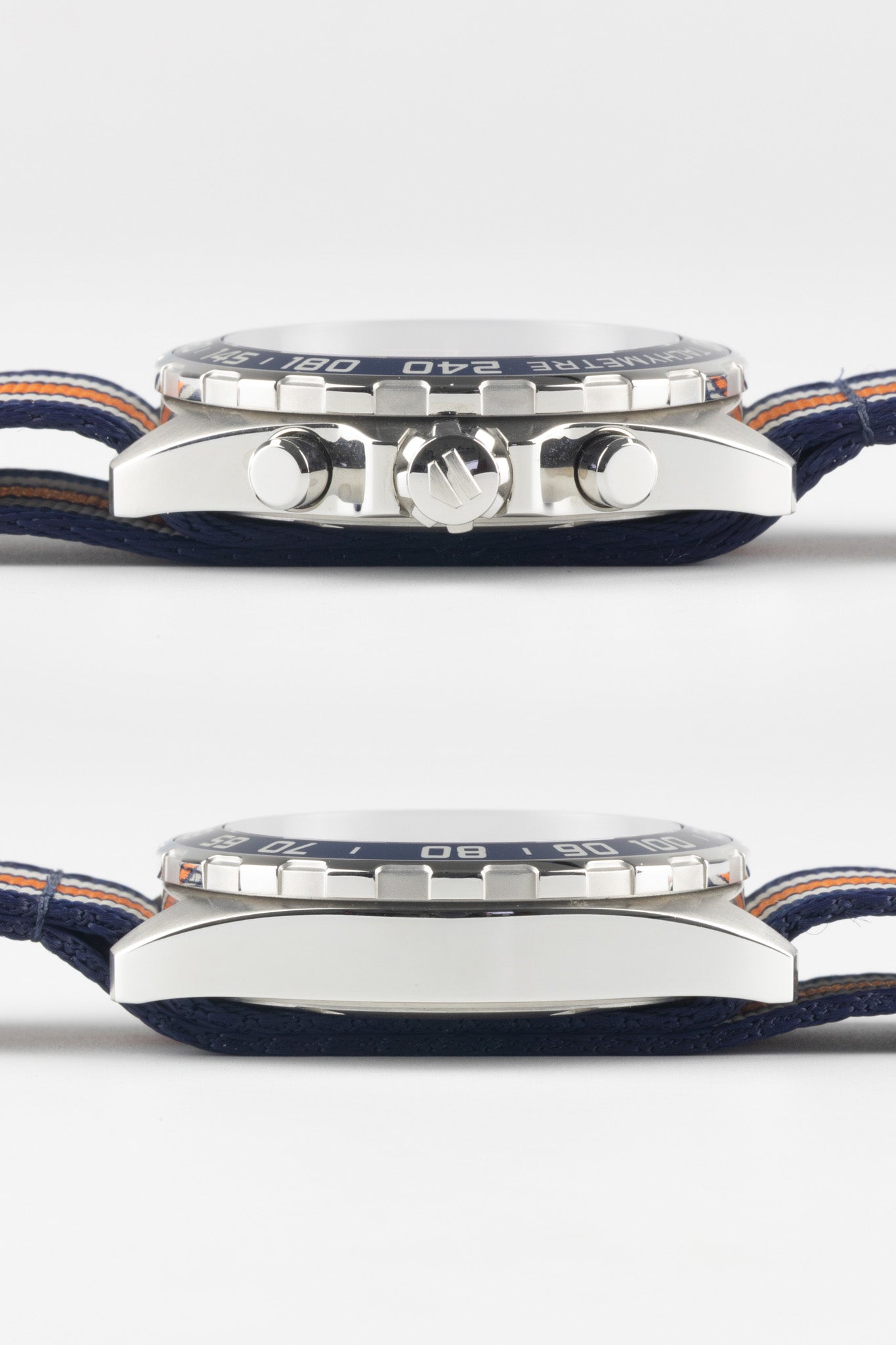 Two horizontal profile views of the stainless steel case; the top view shows the crown and two chronograph pushers, while the bottom view shows the clean, brushed steel side.