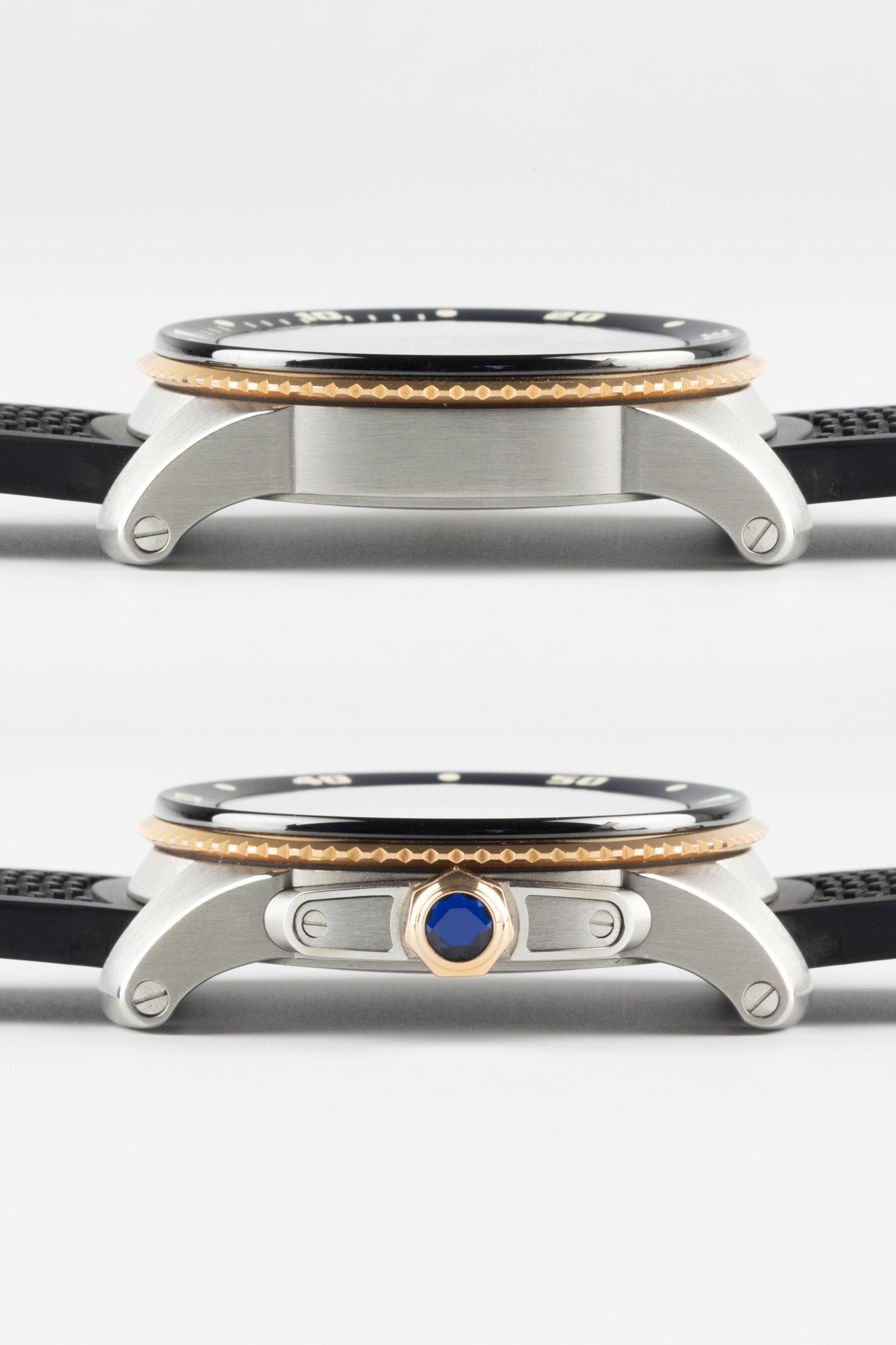 Bejewelled Crown of the Cartier Calibre de Cartier Dive Watch with screw in lugs and brushed steel case